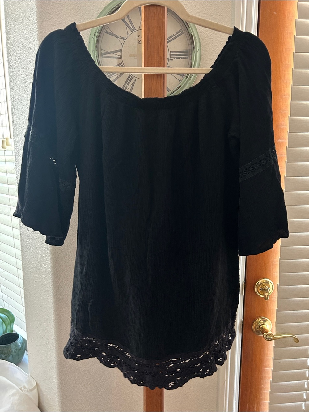Flying Tomato Black Off-Shoulder Tunic with Crochet Hem